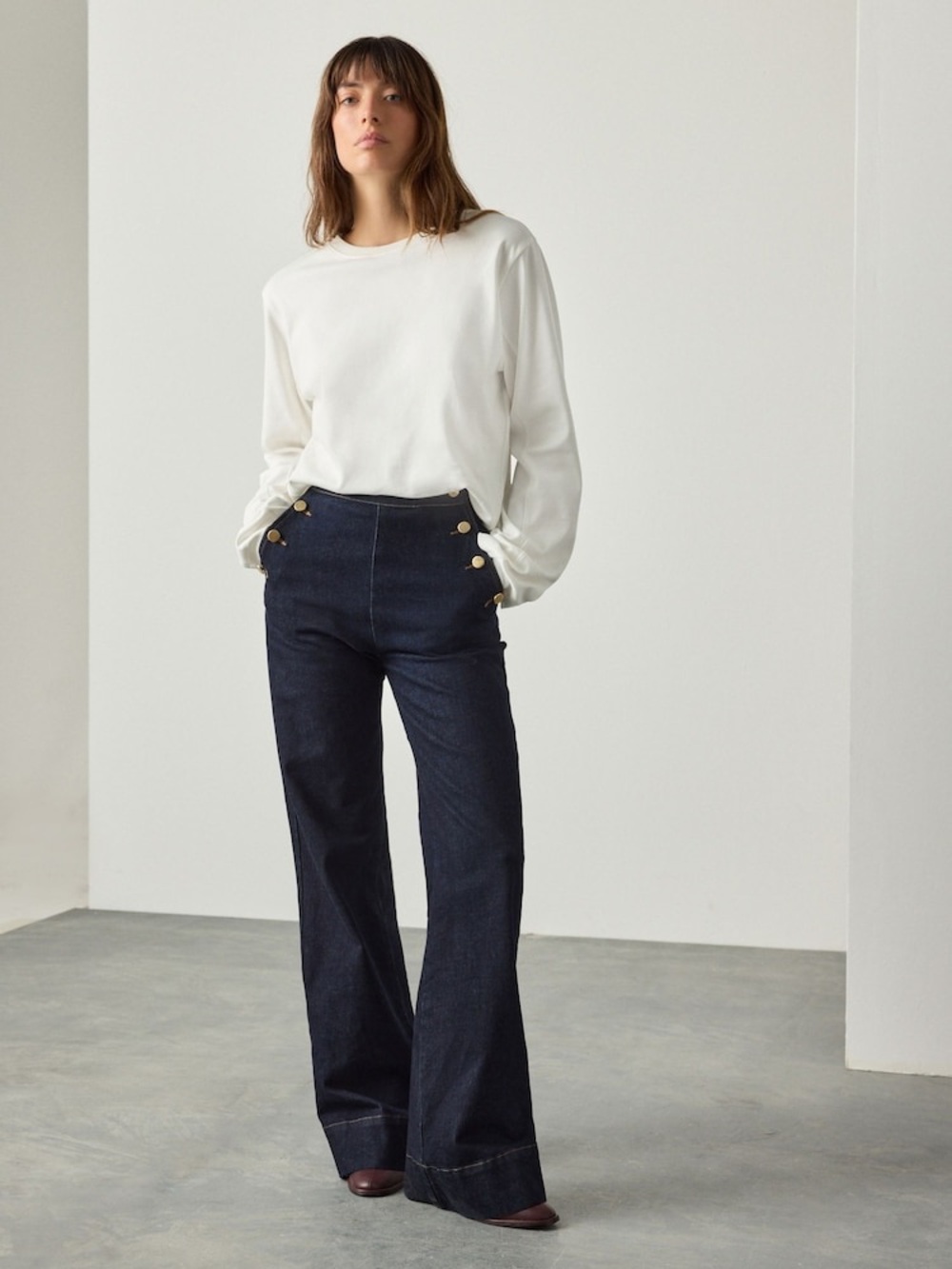 Outres Filles NWT Indigo Blue Gold Button Front Wide Leg Jeans